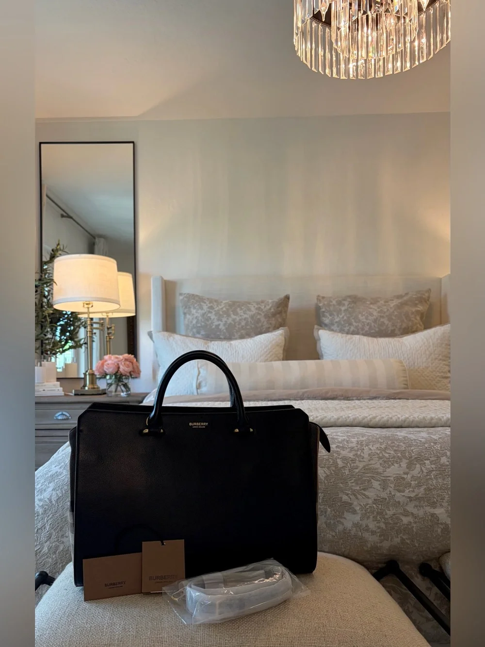 BURBERRY Calfskin Mega Check Medium Banwell Tote Black